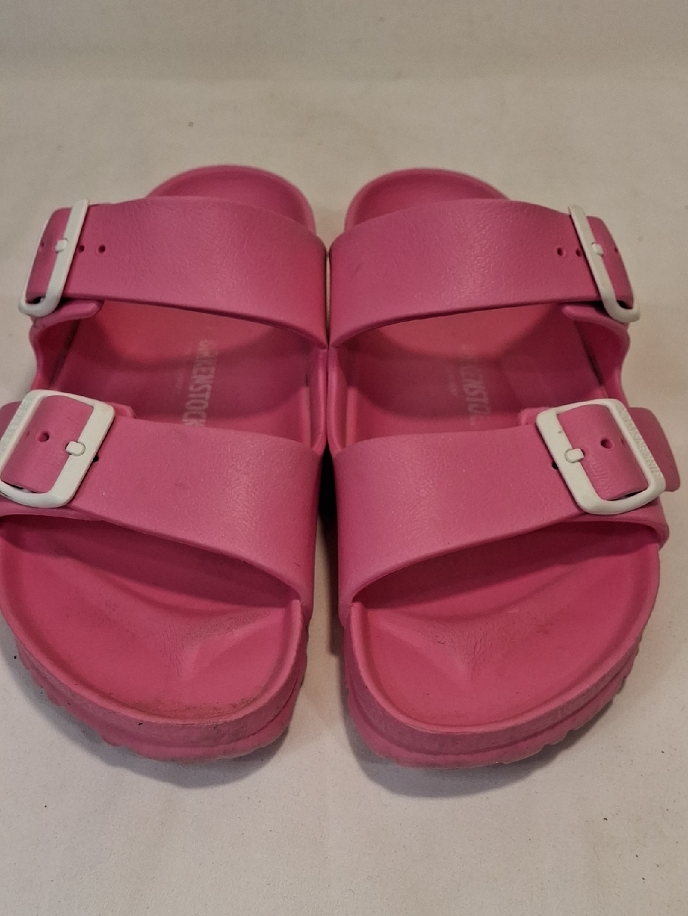 Birkenstock Women's Pink Synthetic Double Strap Sandals with White Buckles
